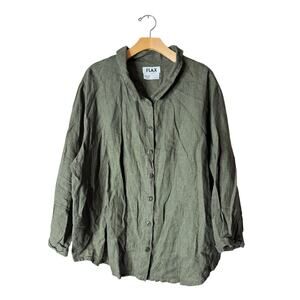 FLAX Plus 1X Dark Green Linen Long Sleeve Button-Up Boxy Shirt